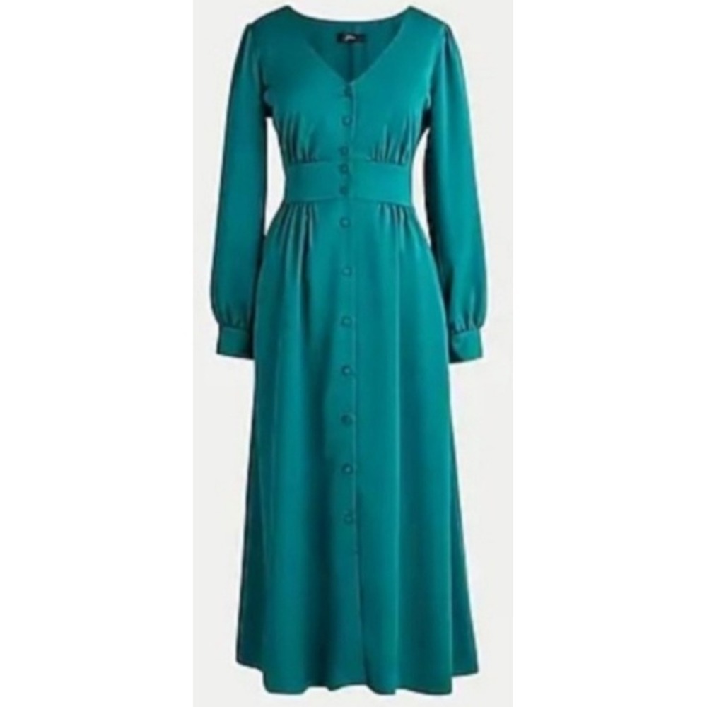 J.Crew Emerald Green Satin Button Midi Dress AD072 12 NEW Holiday Christmas